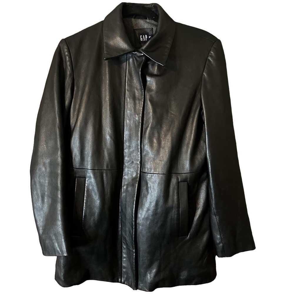 GAP Y2K Vintage Black Leather Zip-Up Snap Jacket Women’s Wool Mix Inside Sz S